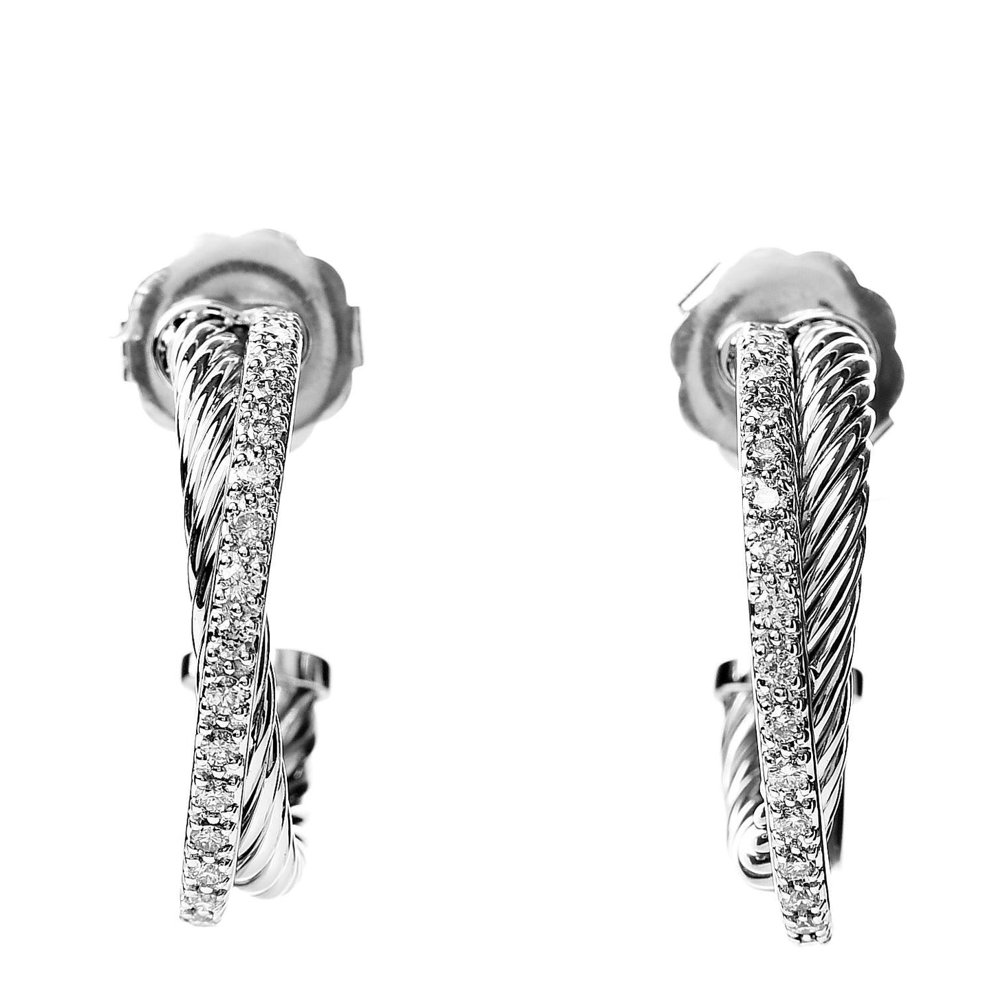 Sterling Silver 14K White Gold Diamond 23mm Crossover Hoop Earrings