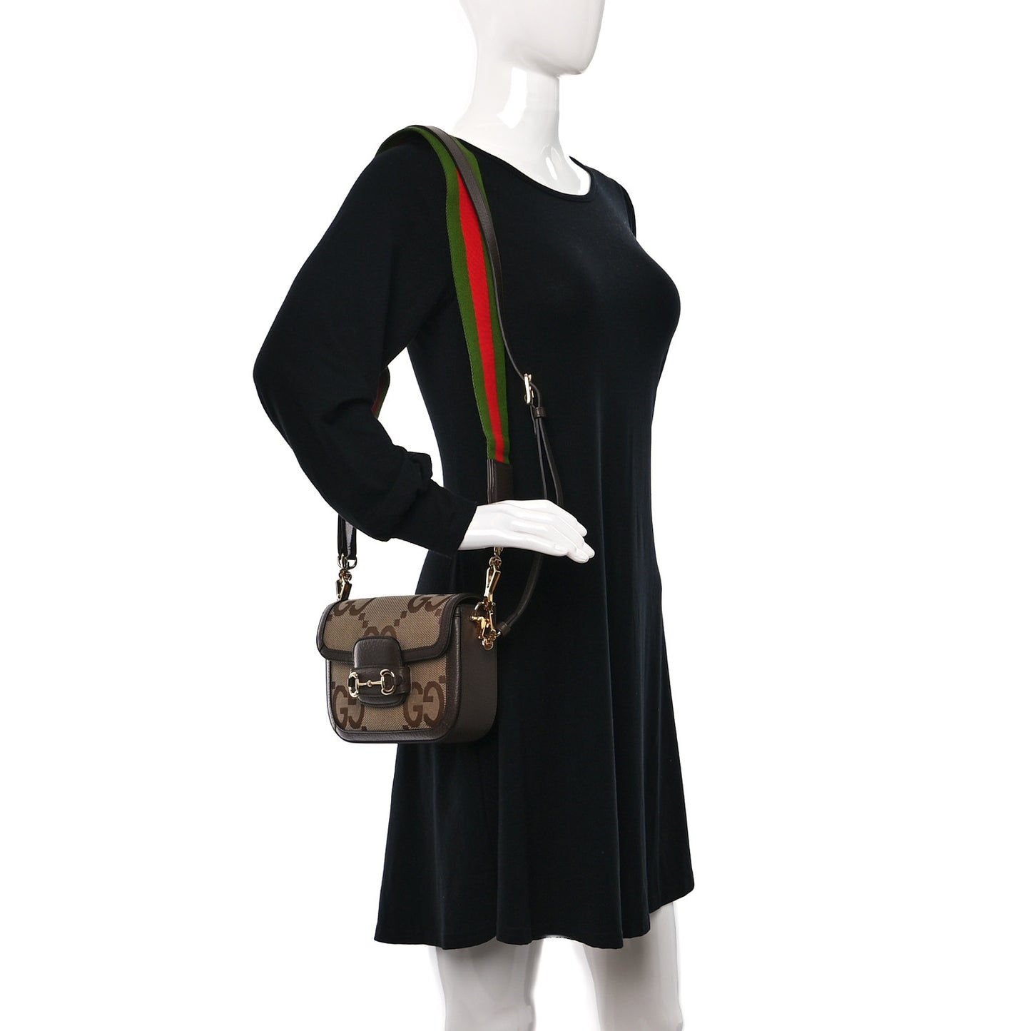 Monogram Jumbo GG Textured Dollar Calfskin Web Mini Horsebit 1955 Shoulder Bag Camel Ebony New Acero