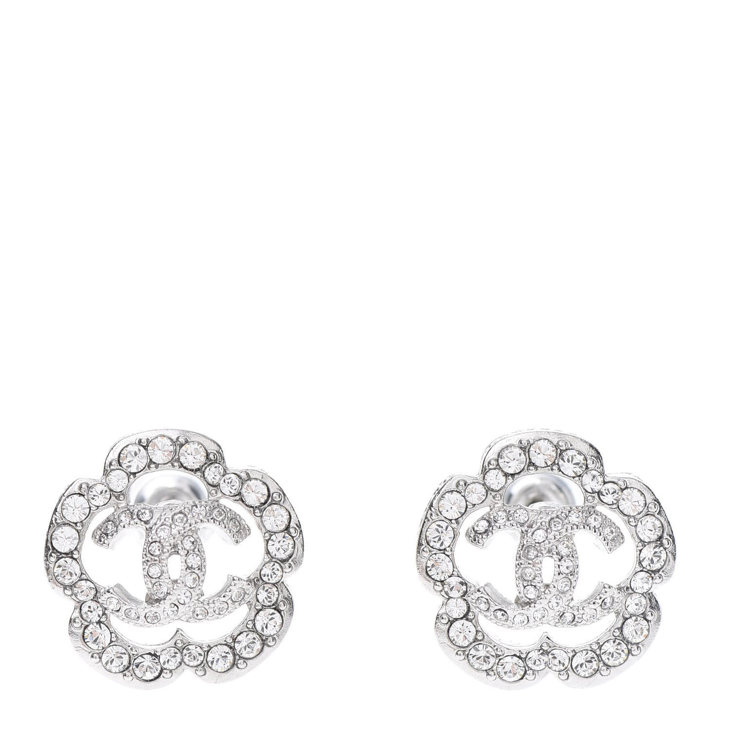 Crystal Coco Flapper Camellia CC Stud Earrings Silver