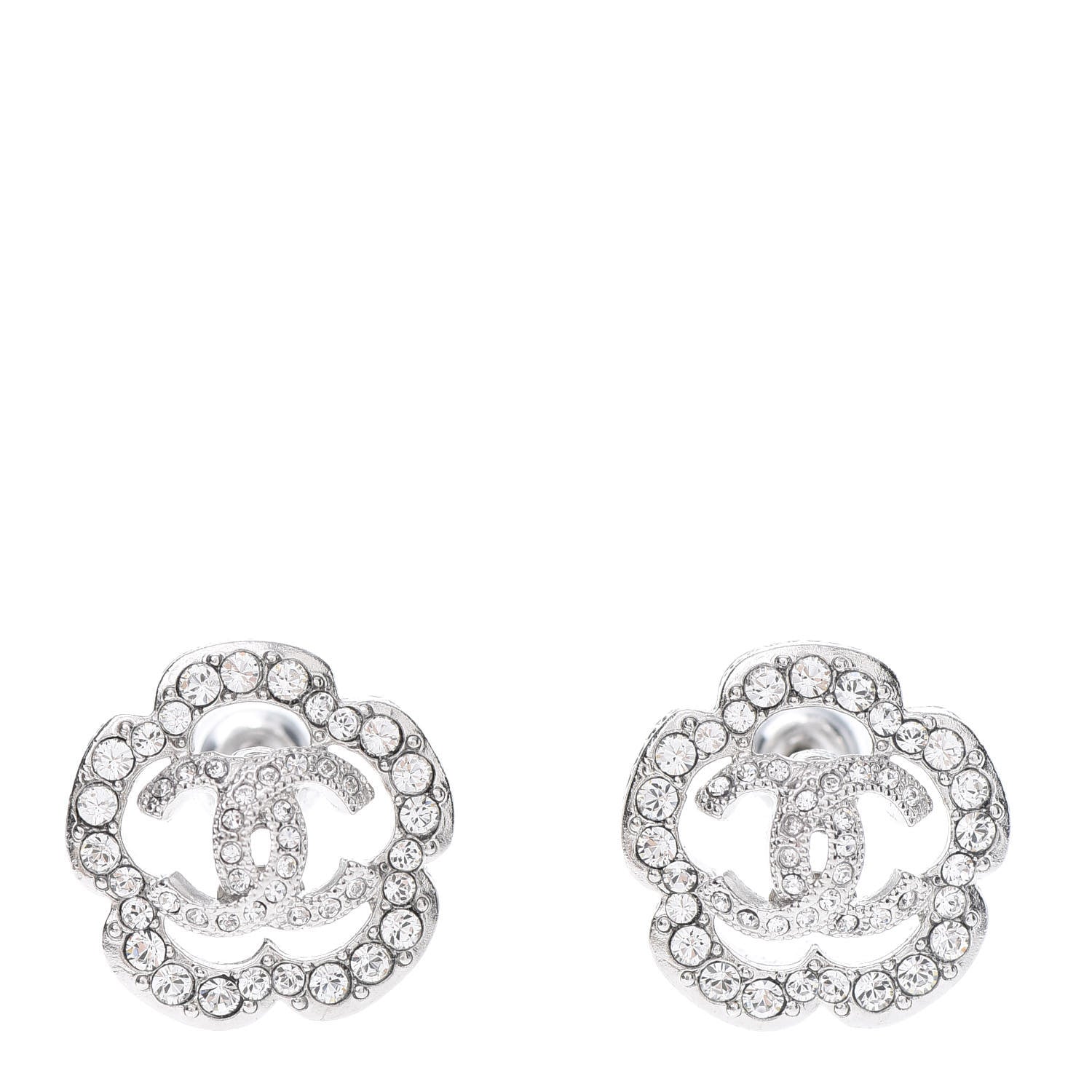 Chanel Crystal Coco Flapper Camellia CC Stud Earrings Silver 1 of 5