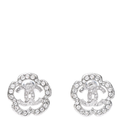 Chanel Crystal Coco Flapper Camellia CC Stud Earrings Silver 1 of 5