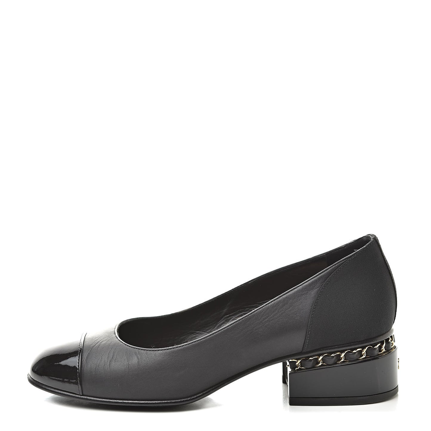 Lambskin Patent Cap Toe Low Heel Chain Pumps 36 Black