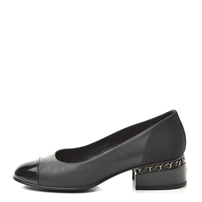 Chanel Lambskin Patent Cap Toe Low Heel Chain Pumps 36 Black 1 of 15