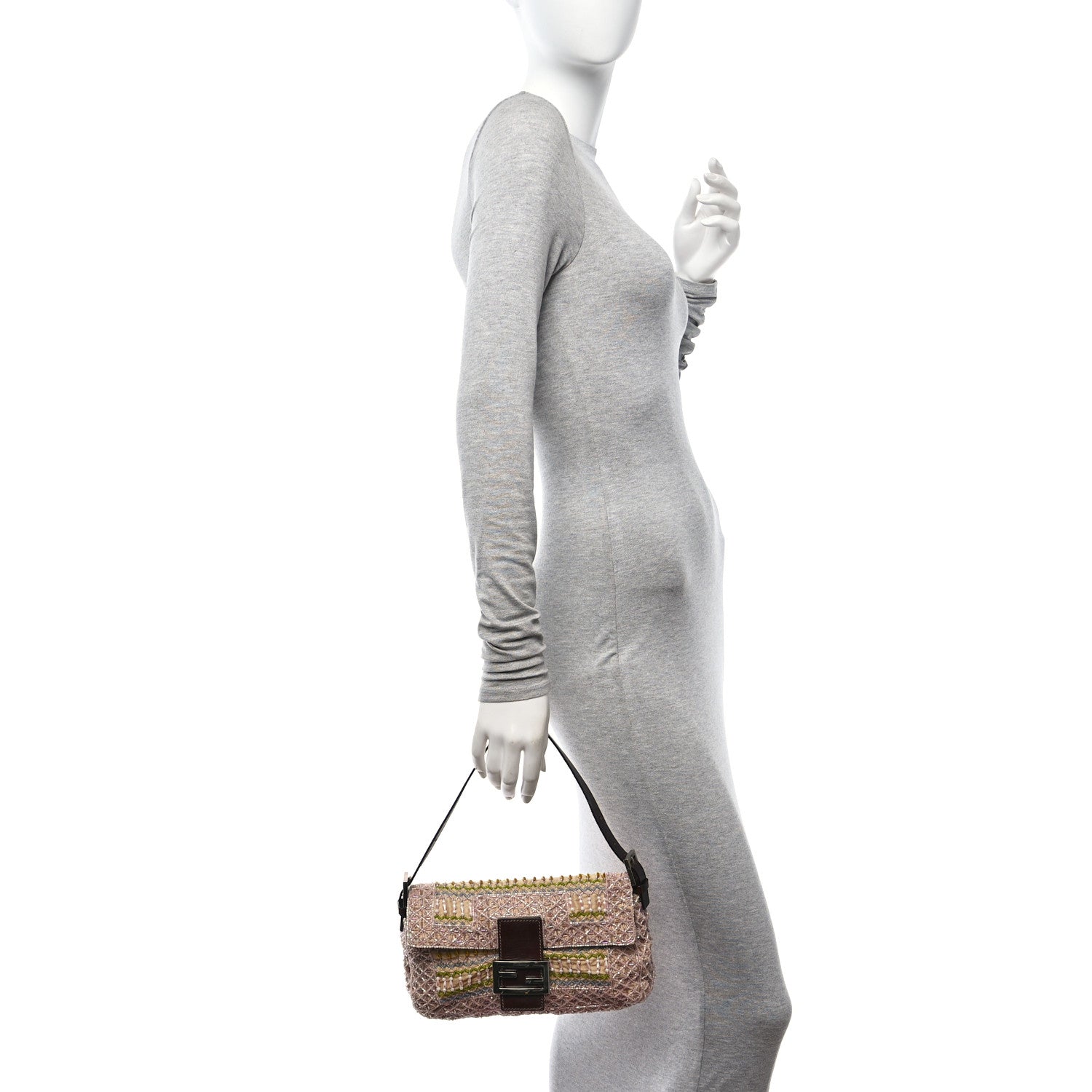 Fendi Linen Crystal Beaded Baguette Beige Multicolor 2 of 12
