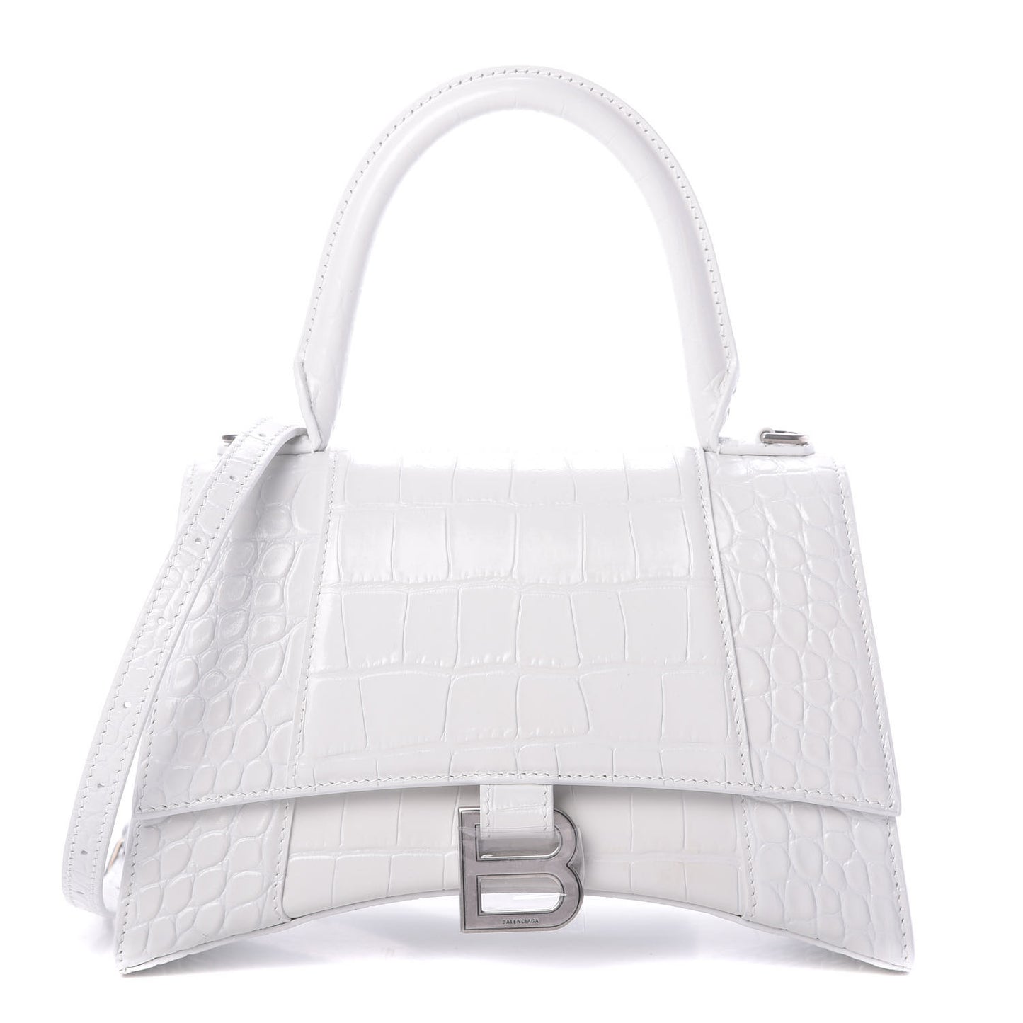 Calfskin Crocodile Embossed Small Hourglass Top Handle Bag White