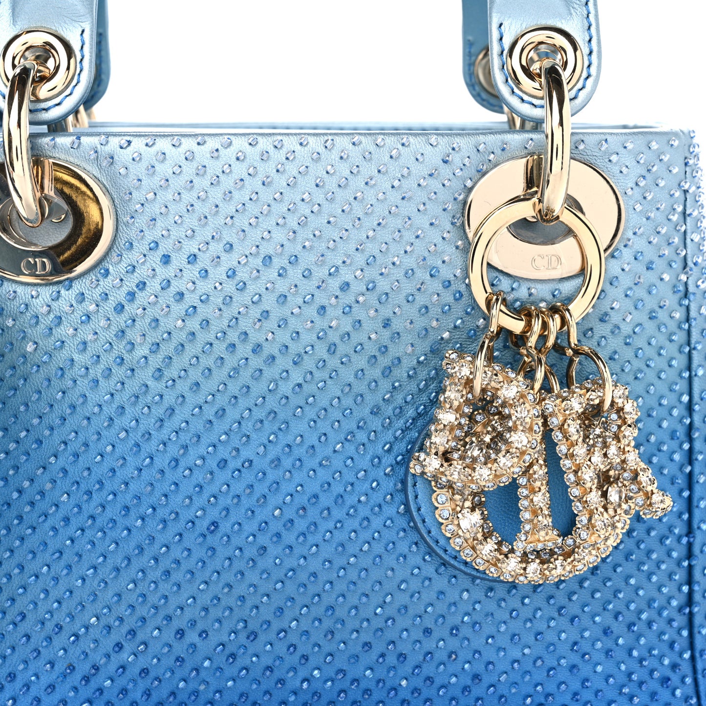 Metallic Calfskin Satin Bead Embroidery Cannage Mini Lady Dior Blue