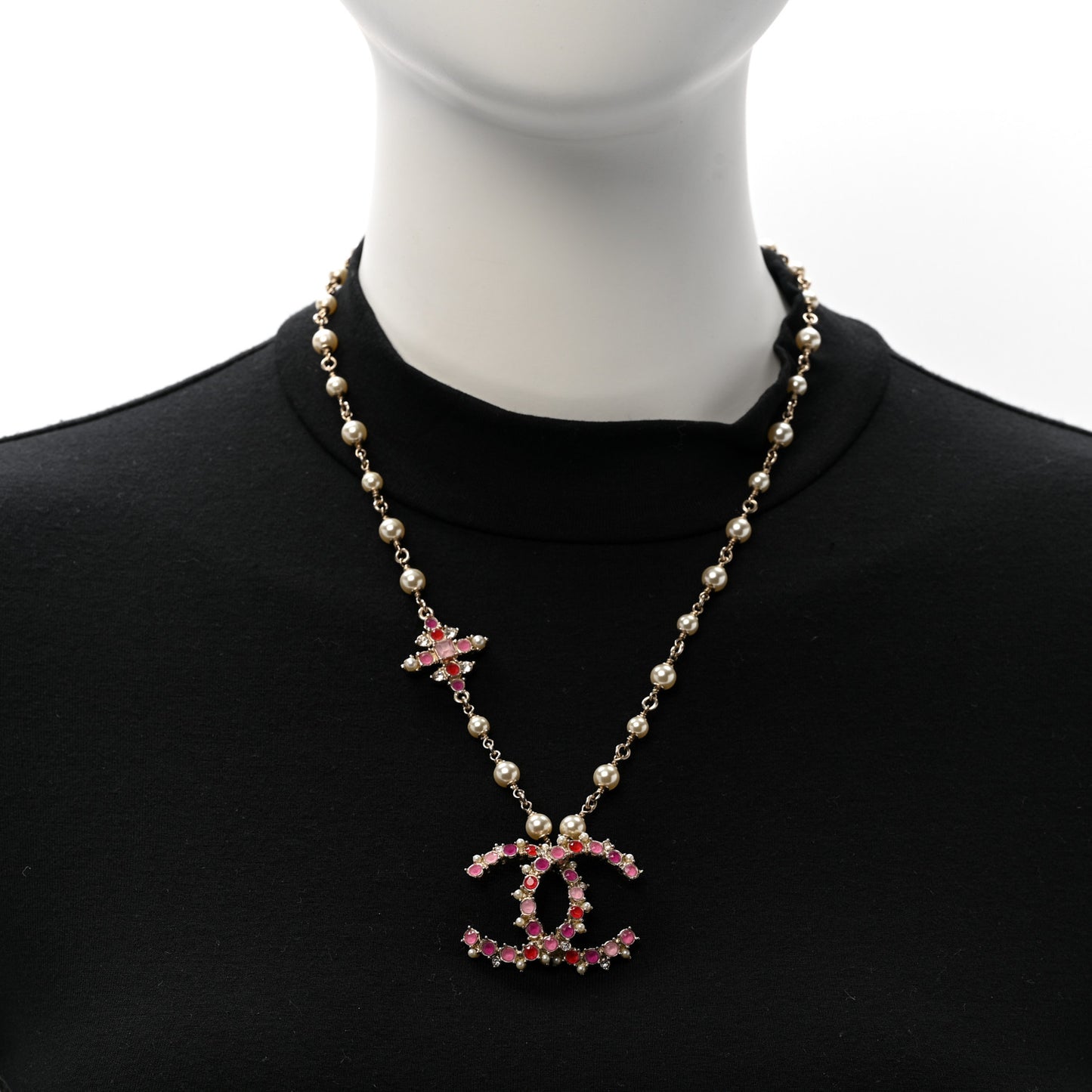 Pearl Crystal Beaded CC Pendant Necklace Gold Pink