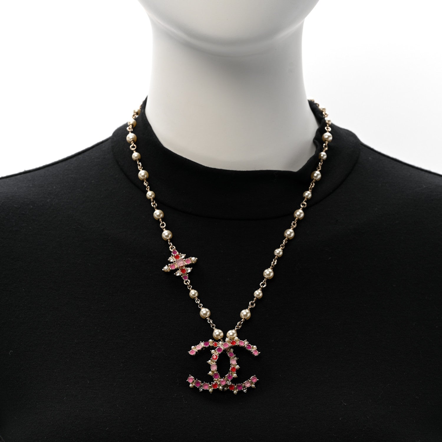 Chanel Pearl Crystal Beaded CC Pendant Necklace Gold Pink 2 of 6