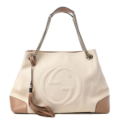 Gucci Linen Canvas Pebbled Calfskin Medium Soho Chain Shoulder Bag White Camelia 1 of 10