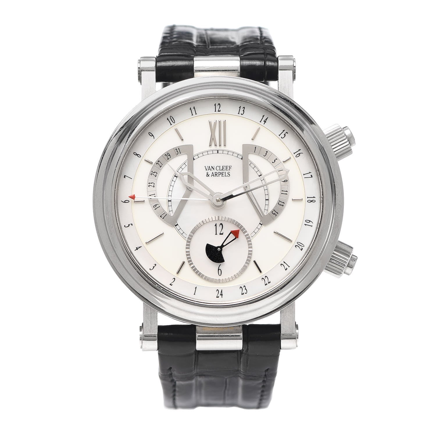 Van Cleef & Arpels Stainless Steel Alligator Mother of Pearl 43mm Reveil GMT Automatic Watch 1 of 5