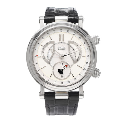 Van Cleef & Arpels Stainless Steel Alligator Mother of Pearl 43mm Reveil GMT Automatic Watch 1 of 5