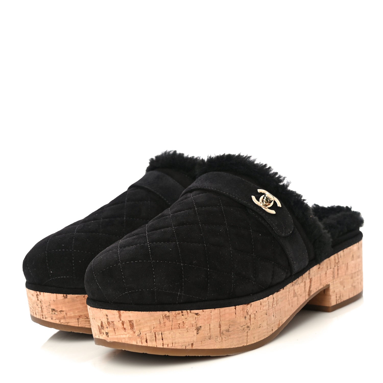 Chanel Suede Calfskin Shearling Turn Lock Clogs 39 Black 4 of 19