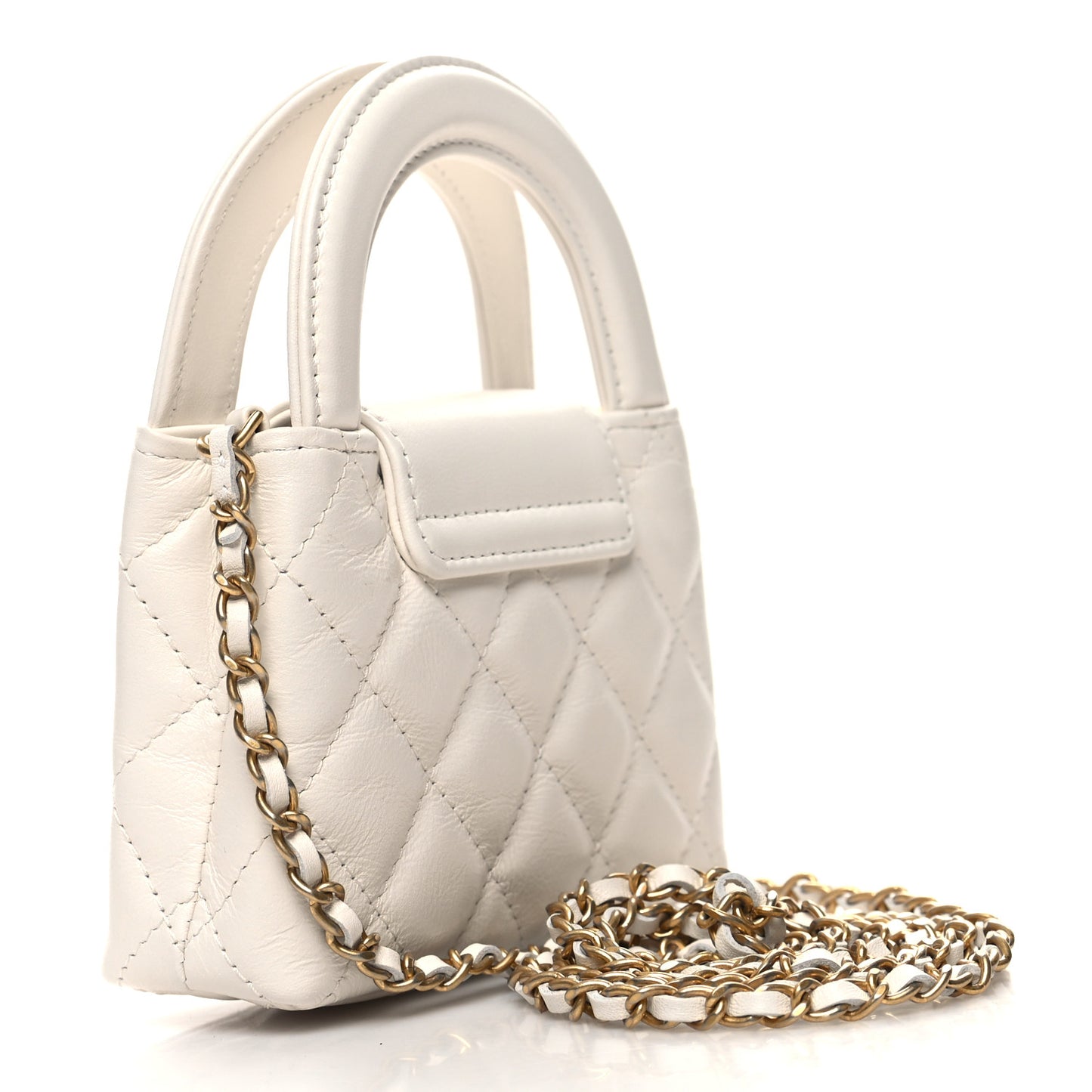 Shiny Aged Calfskin Quilted Mini Nano Kelly Shopper White