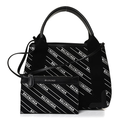 Balenciaga Cotton Canvas Calfskin Logo Print Navy Cabas XS Black White 1 of 18