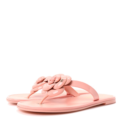 Chanel Patent Calfskin Camellia Thong Sandals 37.5 White 38 Light Pink 4 of 8
