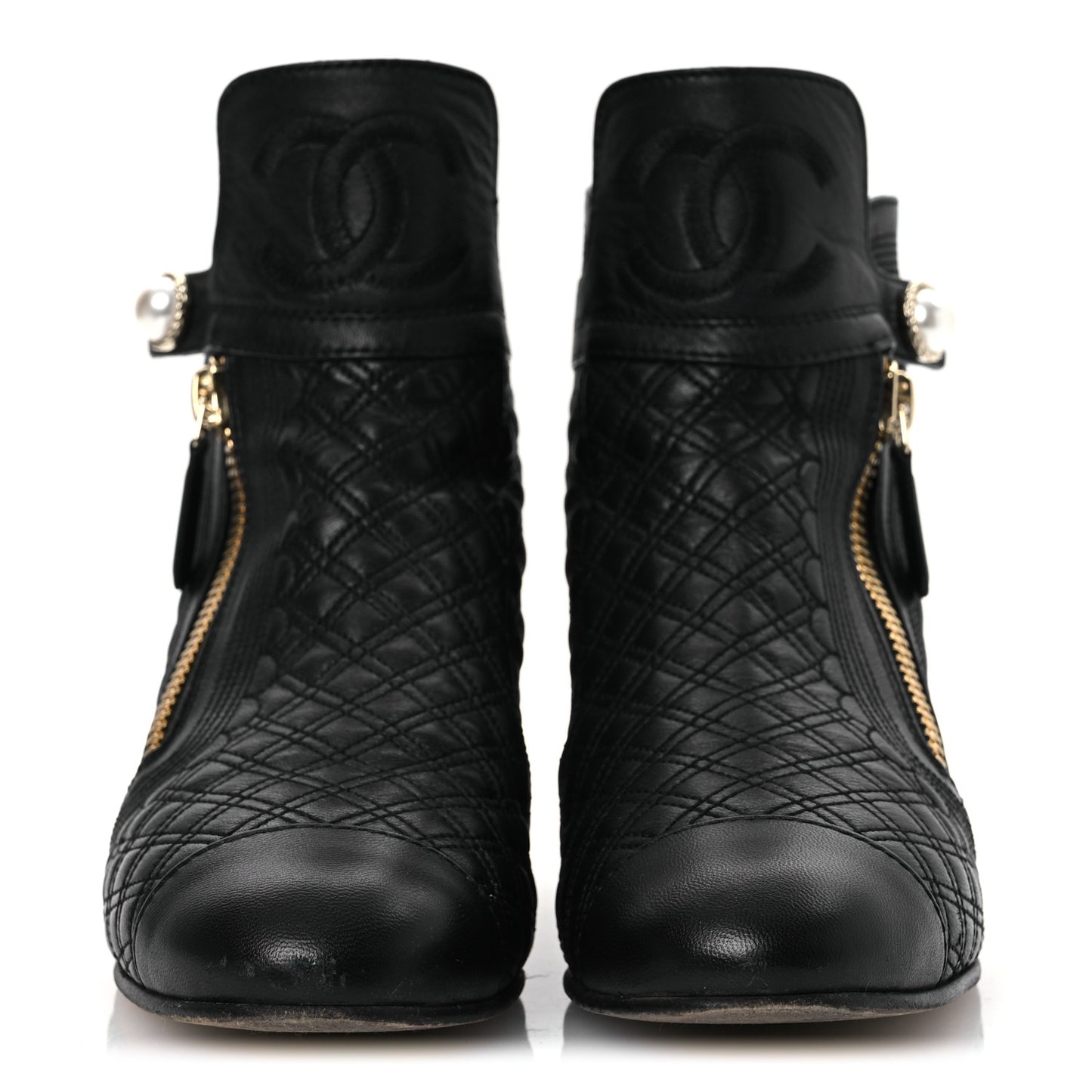 Lambskin Quilted Cap Toe Short Boots 36.5 Black