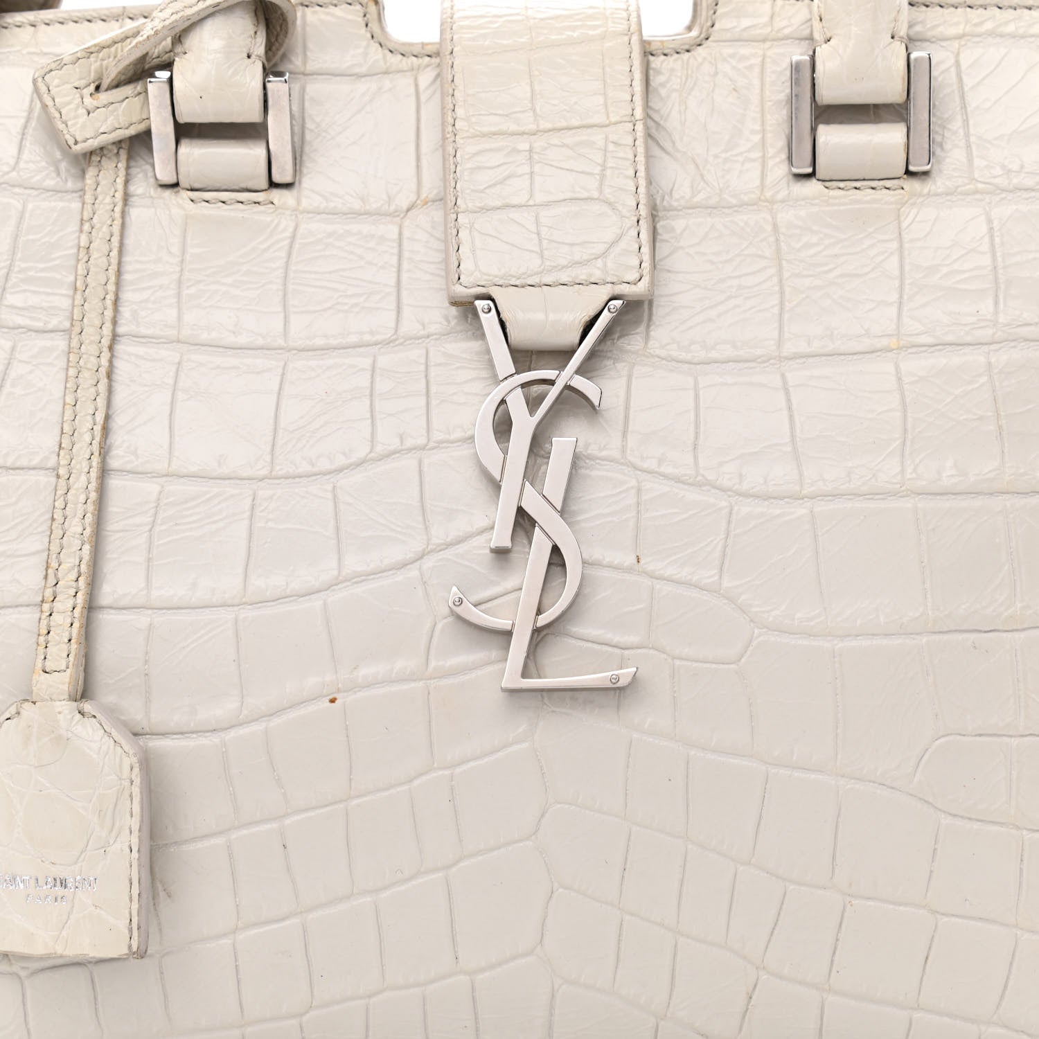 Saint Laurent Calfskin Crocodile Embossed Baby Monogram Cabas Gris Perle 8 of 16