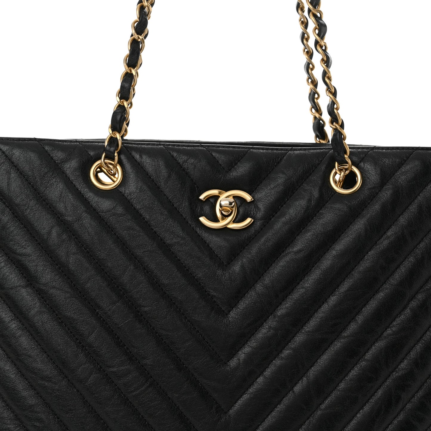 Iridescent Calfskin Chevron Quilted Shopping Tote Black