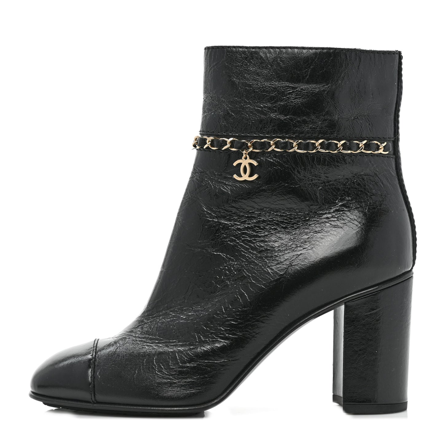 Crumpled Calfskin Cap Toe Chain Short Boots 38.5 Black