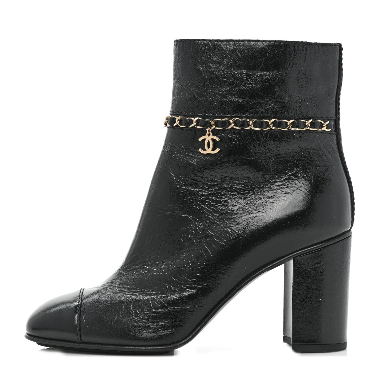 Chanel Crumpled Calfskin Cap Toe Chain Short Boots 38.5 Black 1 of 7