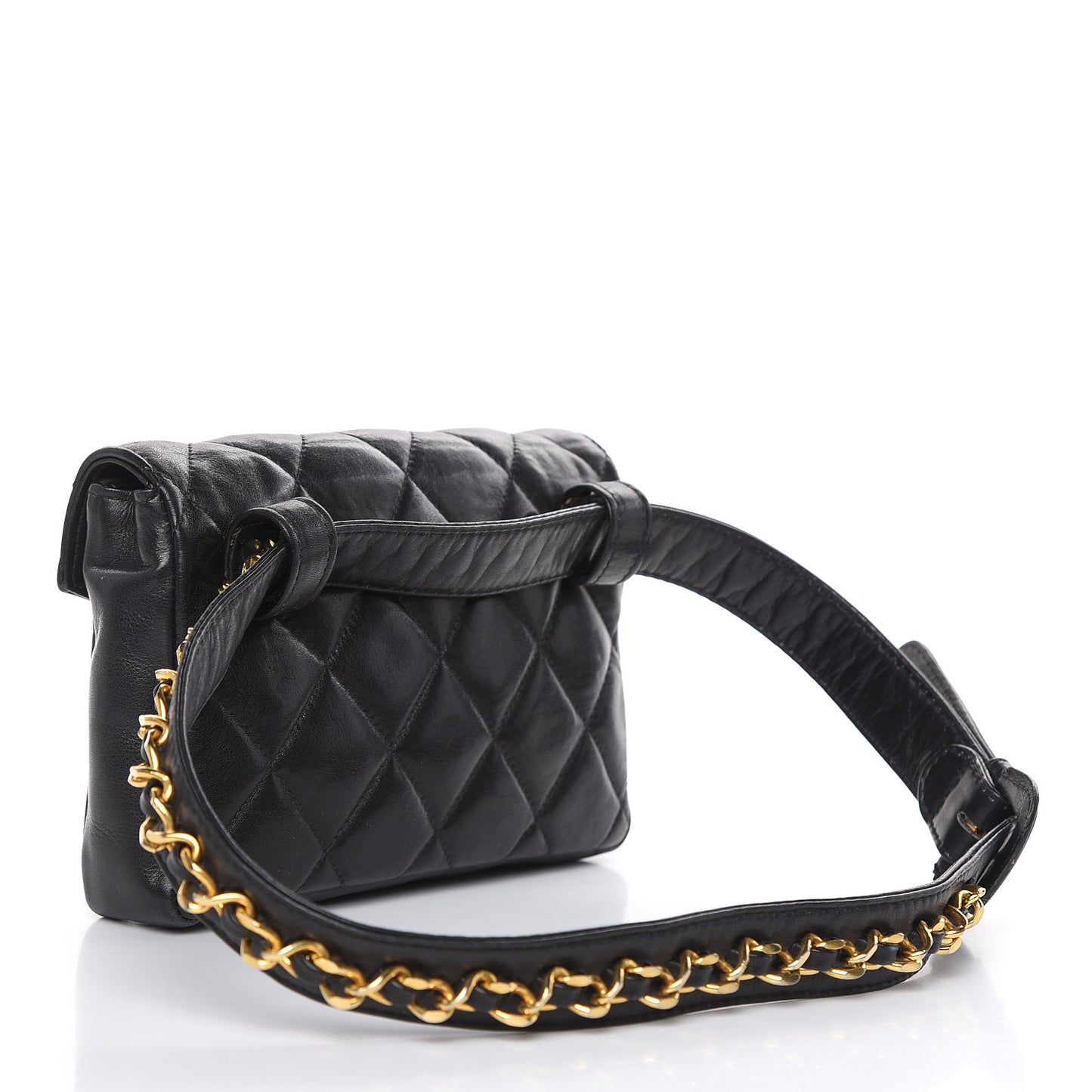 Lambskin Quilted Flap Waist Belt Bag Black