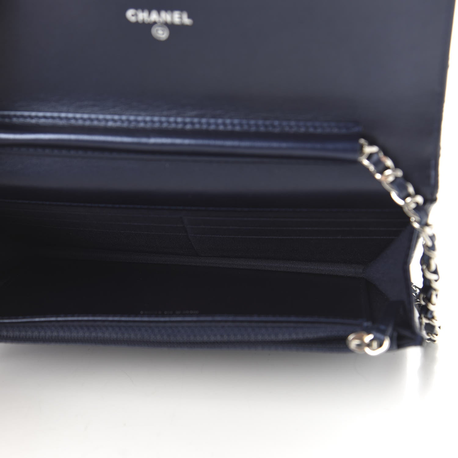 Chanel Patent Metallic Crumpled Calfskin Quilted Wallet On Chain WOC Navy 5 of 12