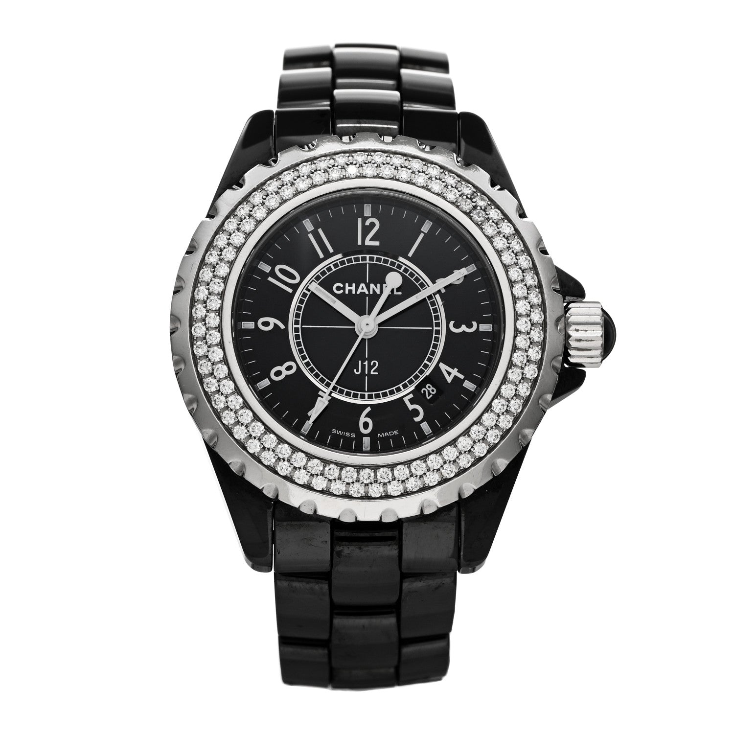 Chanel Stainless Steel Ceramic Diamond Pave Bezel 33mm J12 Quartz Watch Black 1 of 4