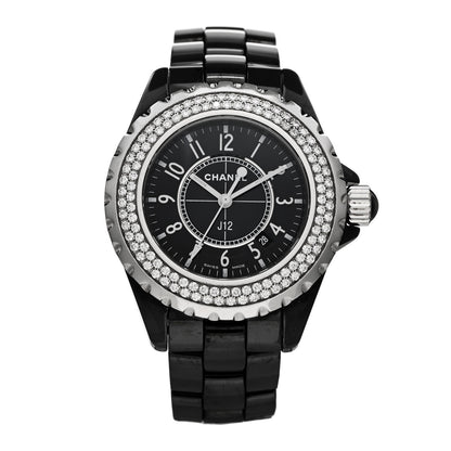 Chanel Stainless Steel Ceramic Diamond Pave Bezel 33mm J12 Quartz Watch Black 1 of 4