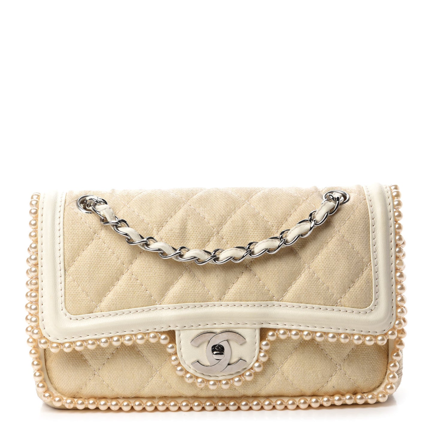 Canvas Quilted Pearl Trim Medium Flap Beige