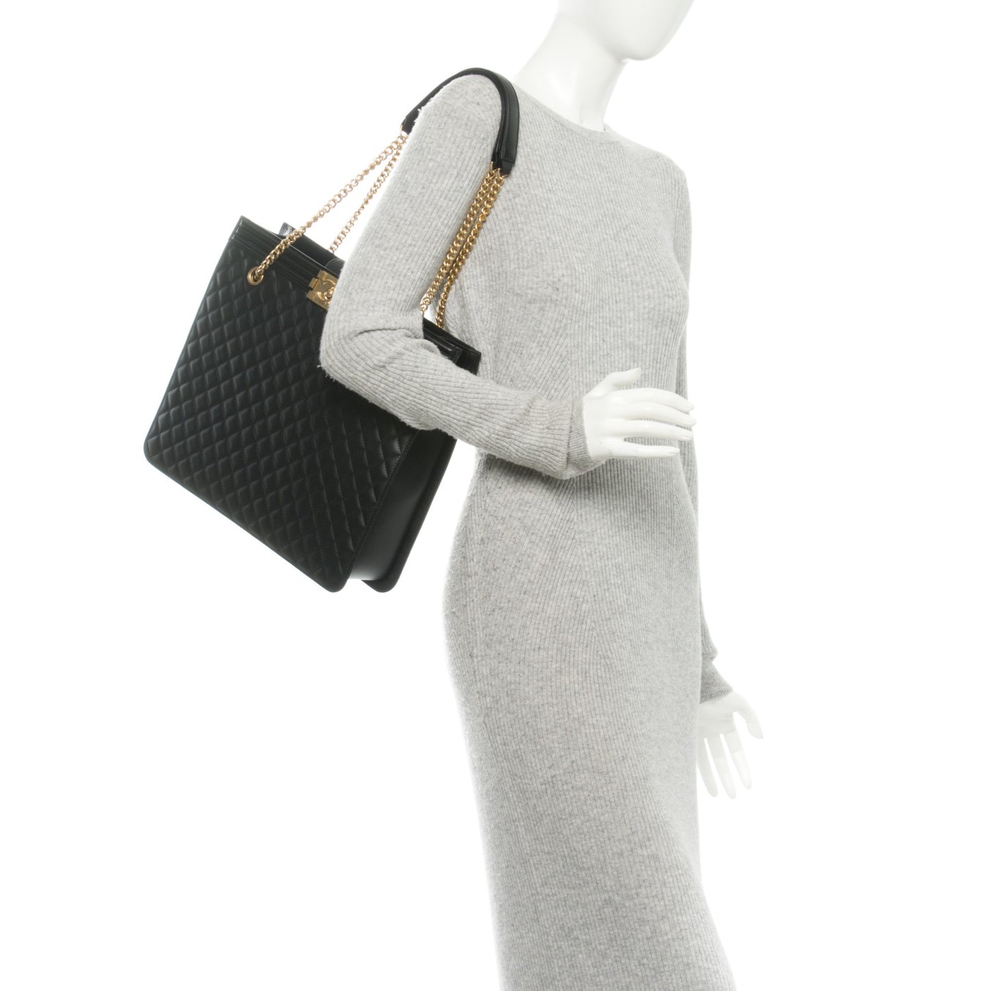 Calfskin Quilted Large Boy Tote Black