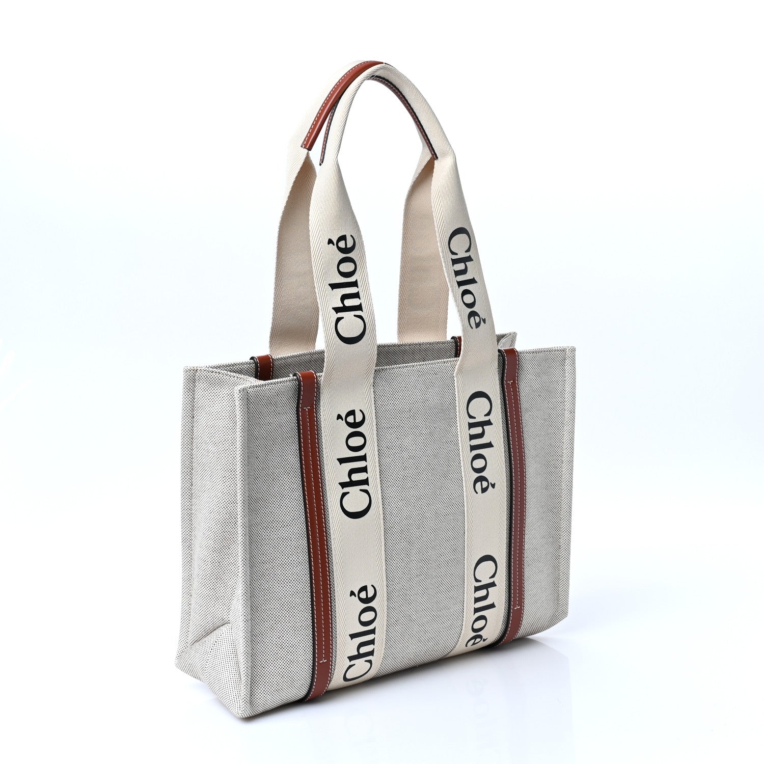 Chloe Cotton Calfskin Medium Woody Ribbon Tote White Brown 3 of 8