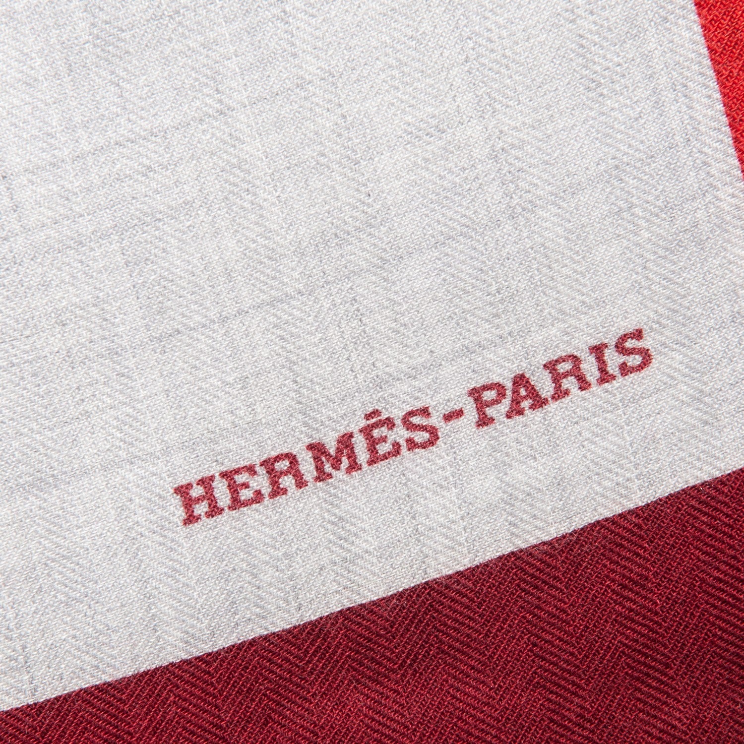 Hermes Cashmere Silk Encadre Shawl 90 Gris Clair Chine Bordeaux Rouge H 3 of 4