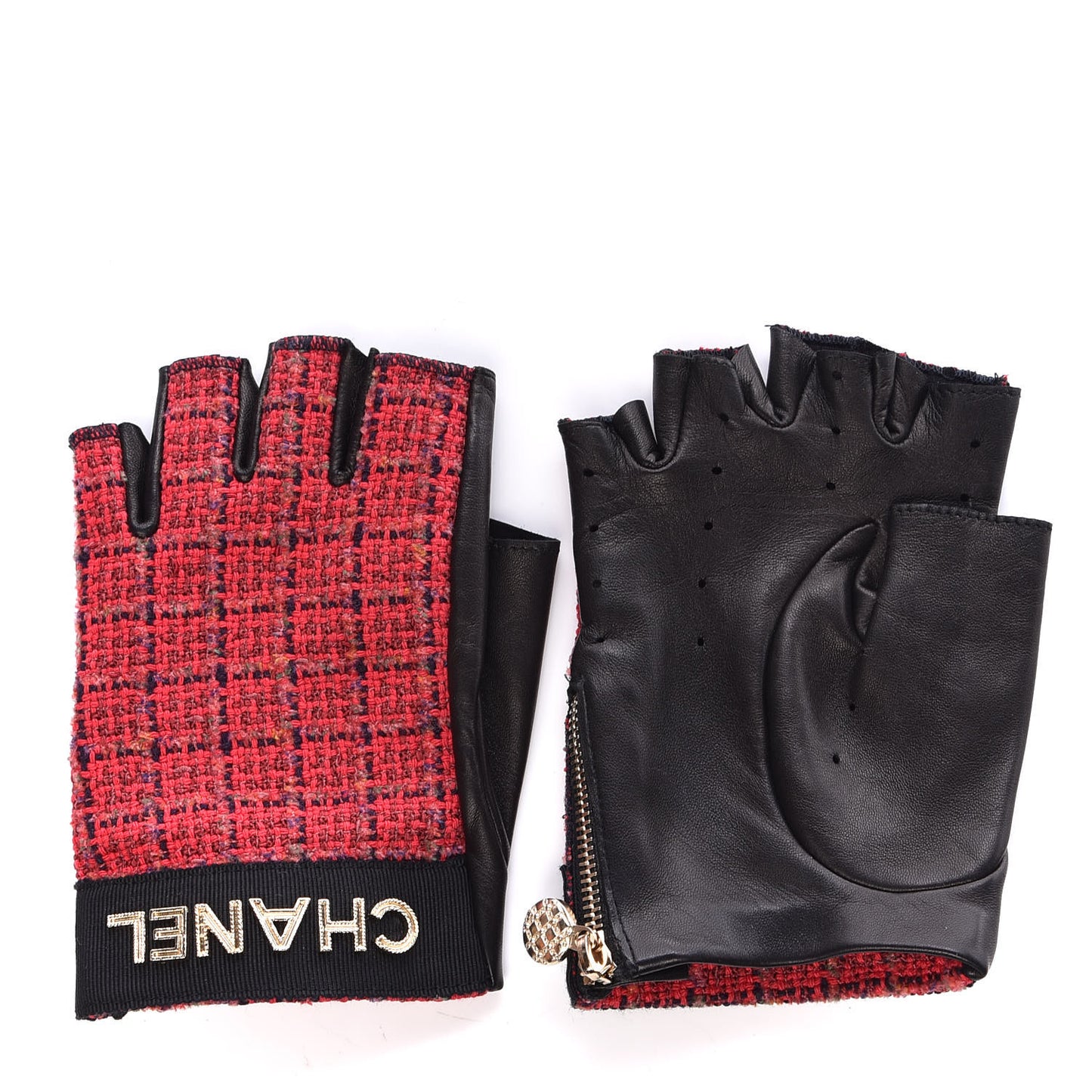 Lambskin Tweed Logo Fingerless Gloves 8 Pink