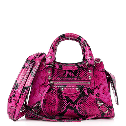 Balenciaga Calfskin Python Effect Neo Classic Silver Hardware Mini City Fuchsia Black 1 of 10