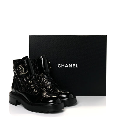 Chanel Shiny Calfskin Quilted Lace Up Combat Boots 37.5 Black 8 of 8