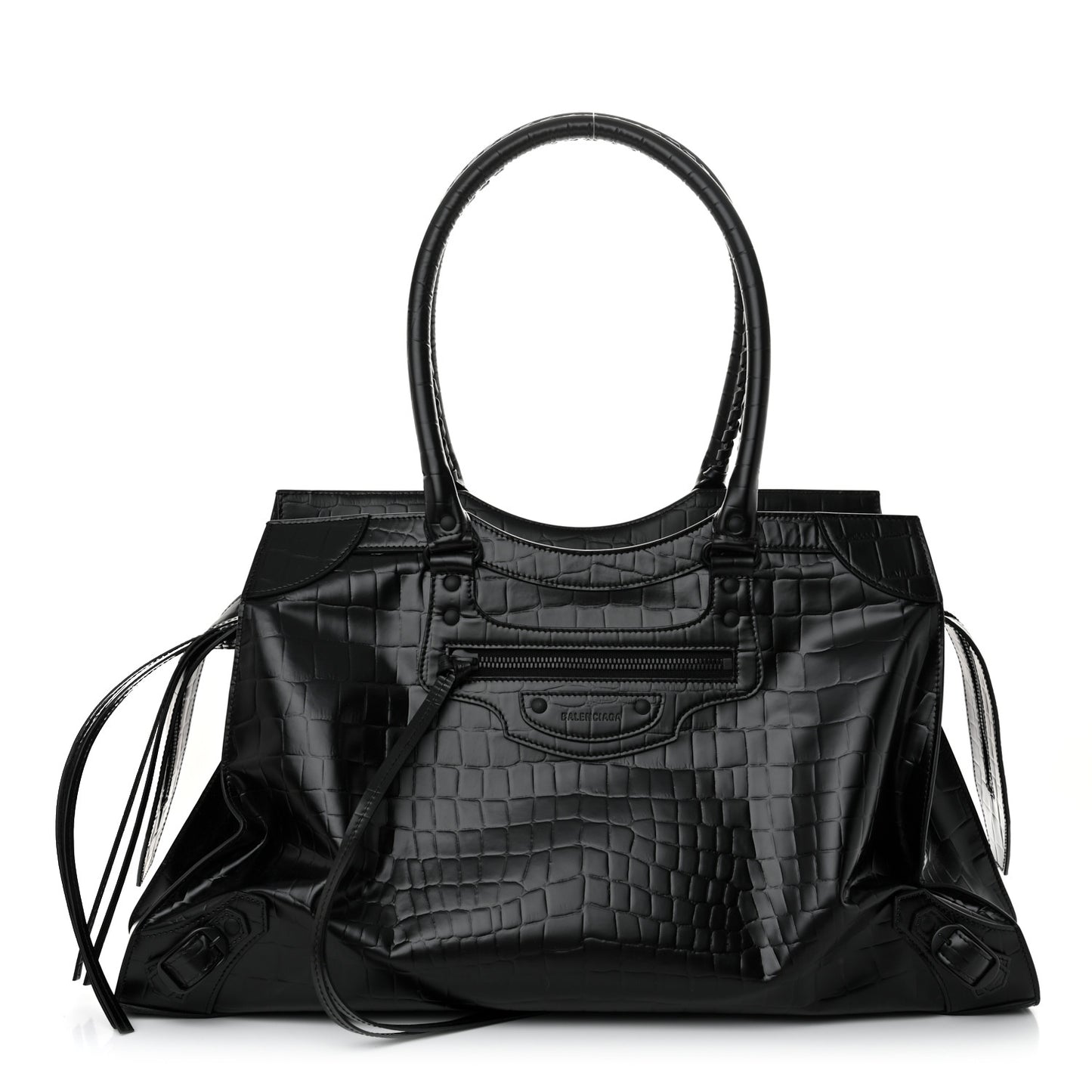 Semi Matte Calfskin Crocodile Embossed Neo Classic Black Hardware Large Top Handle Bag Black