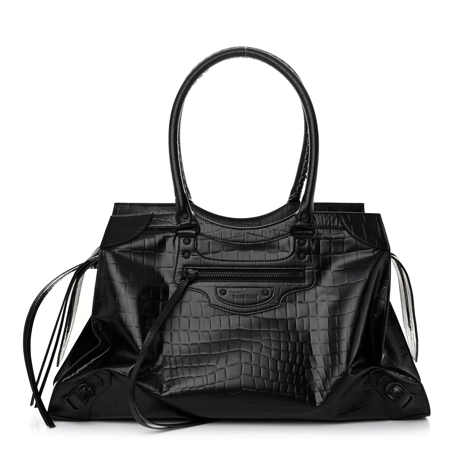 Balenciaga Semi Matte Calfskin Crocodile Embossed Neo Classic Black Hardware Large Top Handle Bag Black 1 of 14