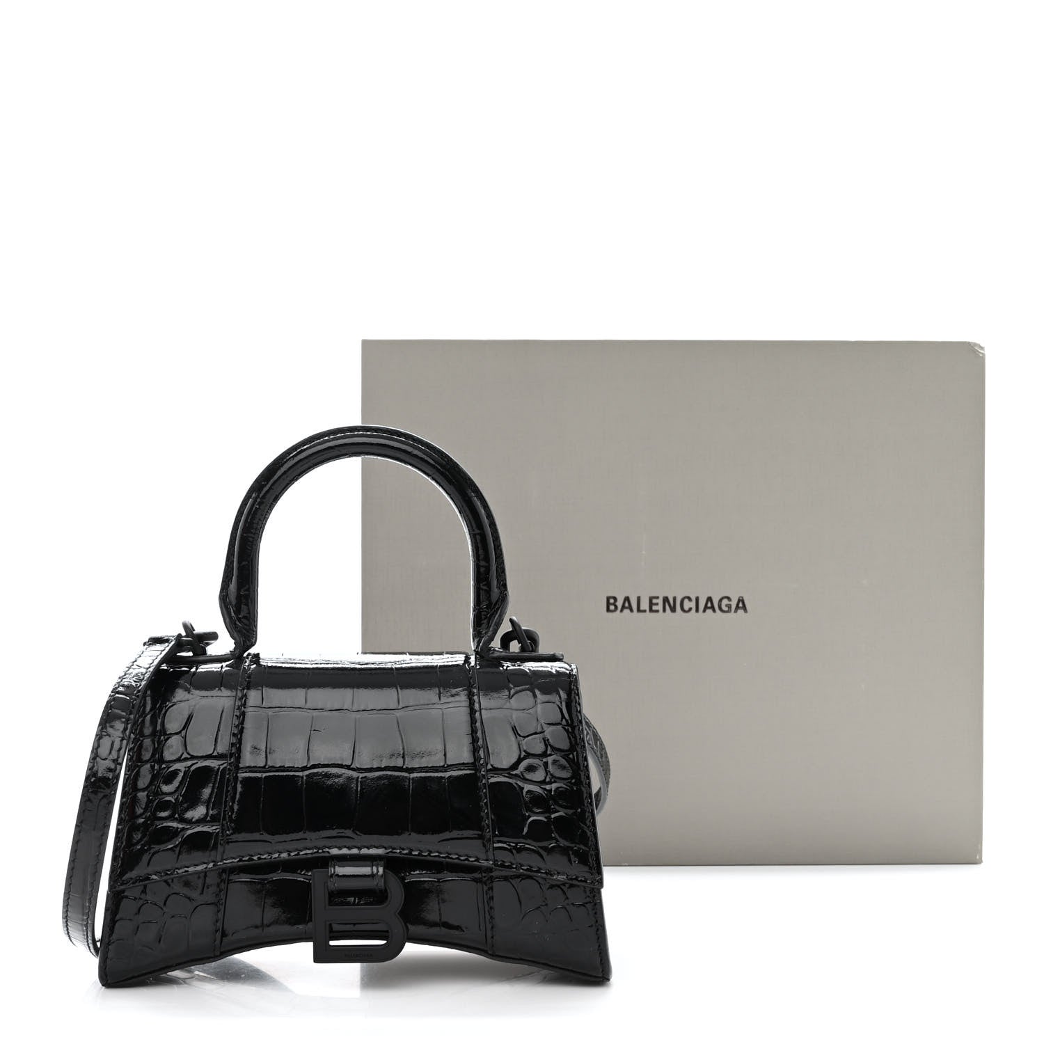 Balenciaga Shiny Calfskin Monochrome Crocodile Embossed Hourglass Top Handle Bag XS Black 13 of 13