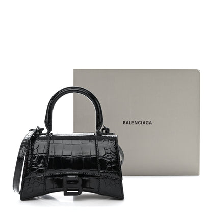 Balenciaga Shiny Calfskin Monochrome Crocodile Embossed Hourglass Top Handle Bag XS Black 13 of 13
