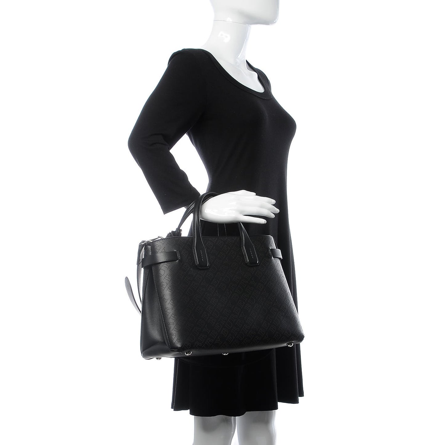 Calfskin Perforated Medium Banner Tote Black
