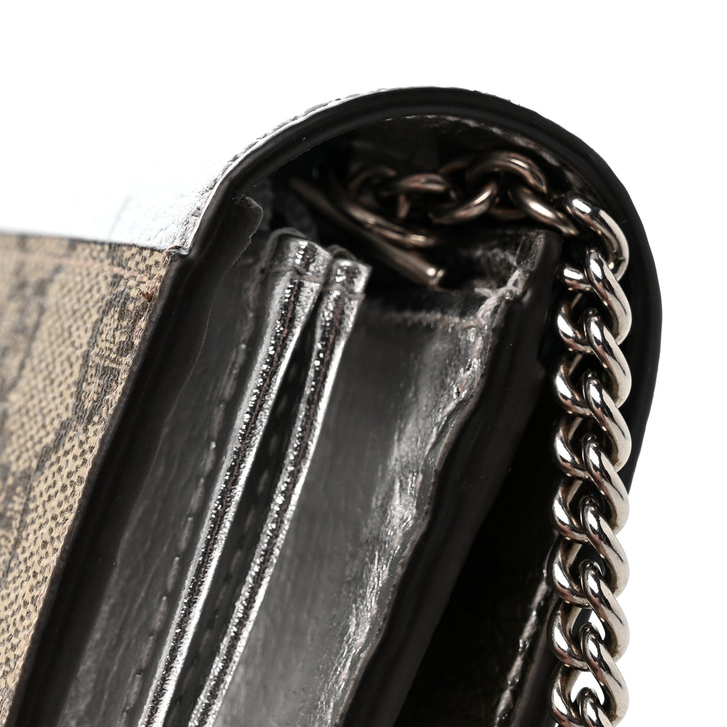 Metallic Calfskin GG Supreme Monogram Petite GG Marmont Wallet Chain Bag Silver Beige Ebony