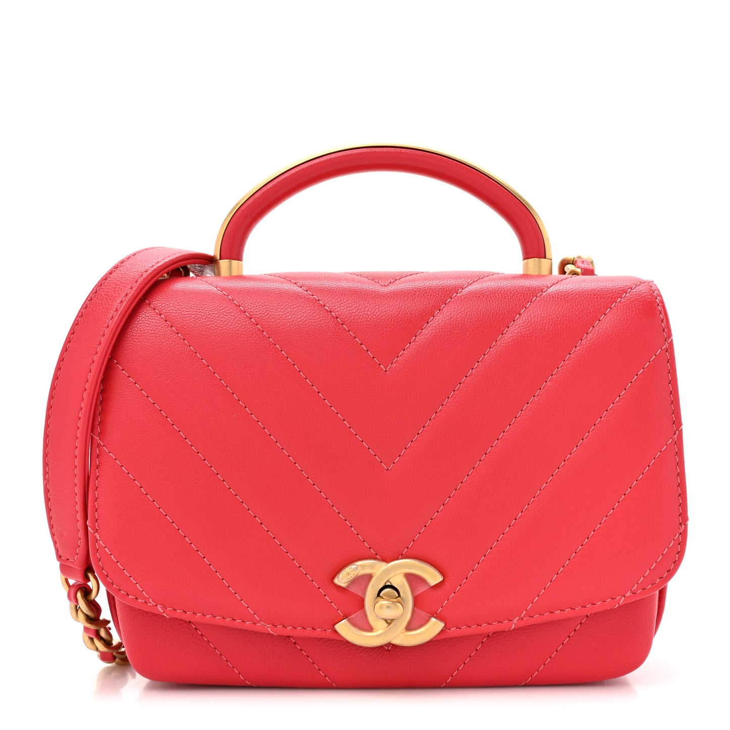 Lambskin Chevron Quilted Gold Top Handle Flap Bag Red