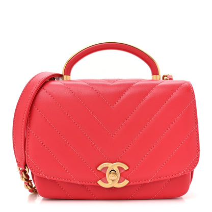 Chanel Lambskin Chevron Quilted Gold Top Handle Flap Bag Red 1 of 11