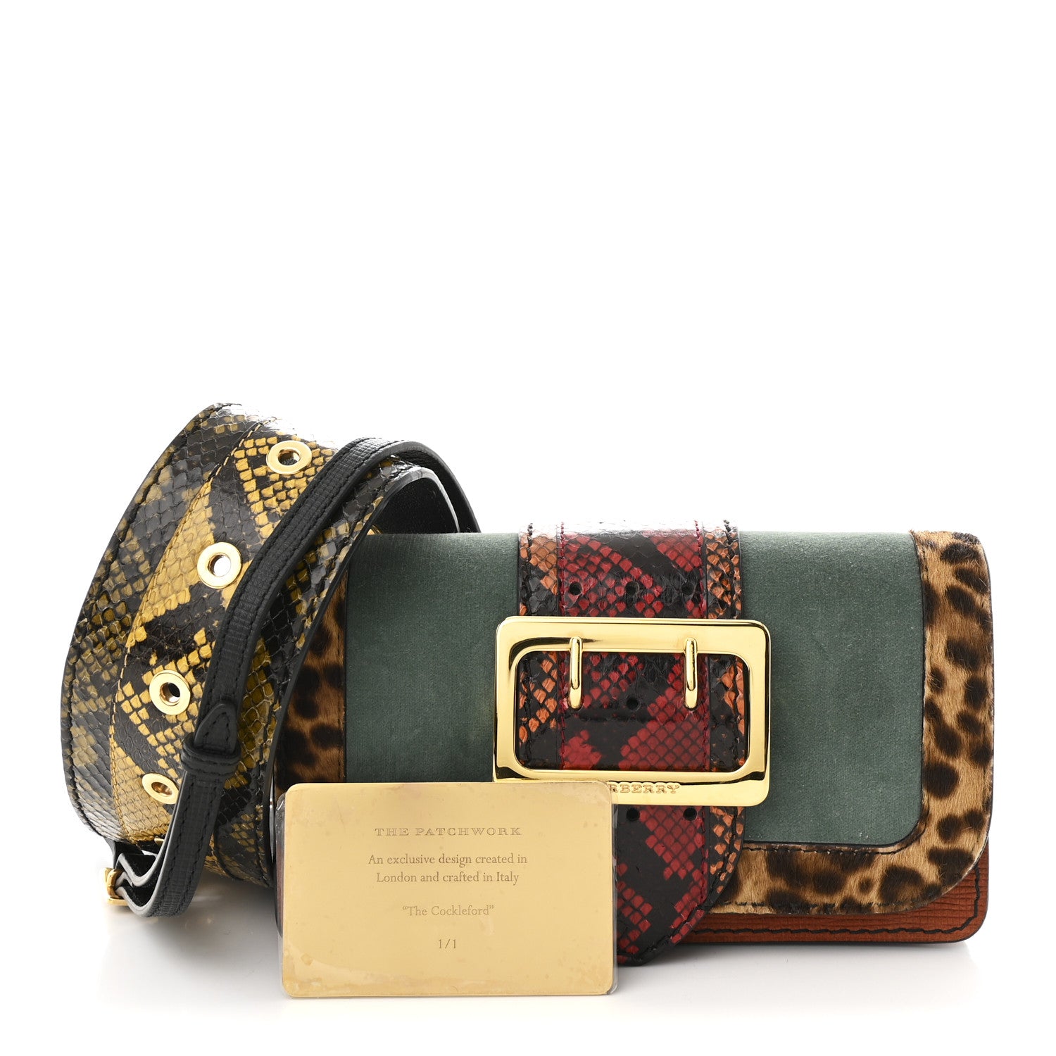 Burberry Calfskin Suede Watersnake Print Pony Hair Small Madison Buckle Bag Tan Multicolor 3 of 13