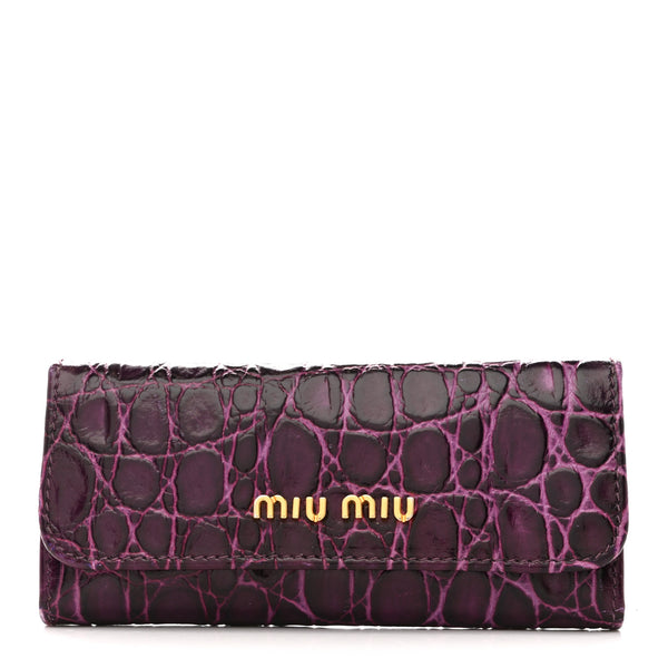 MIUMIUクロコ型押し チェーンショルダーバッグ パープル Miu Miu Calfskin Crocodile Embossed Card Holder Key Ring Petunia