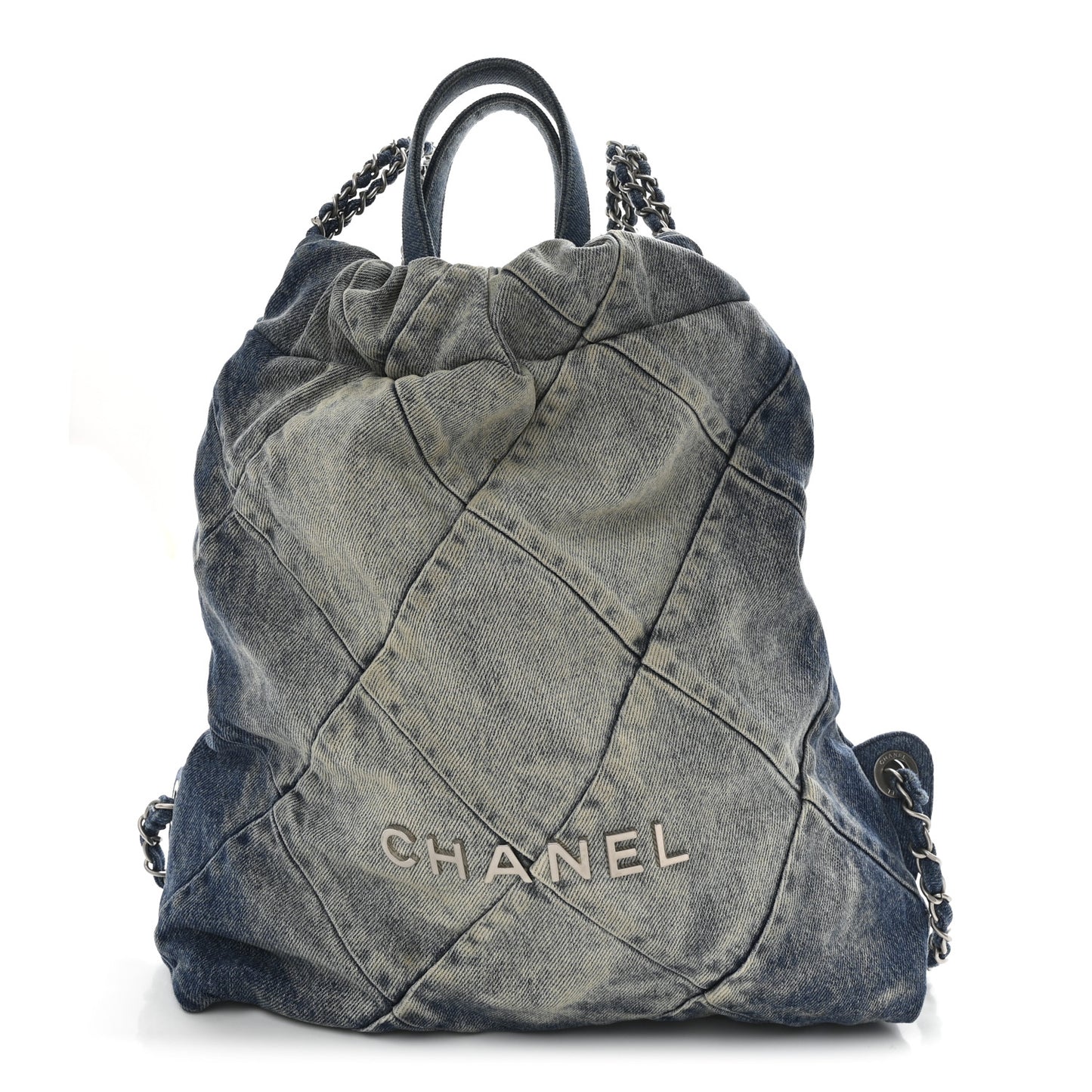 Denim Quilted Chanel 22 Backpack Blue