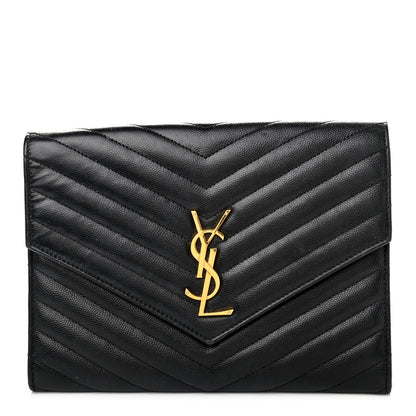Saint Laurent Grain De Poudre Matelasse Chevron Monogram Envelope Clutch Black 1 of 8