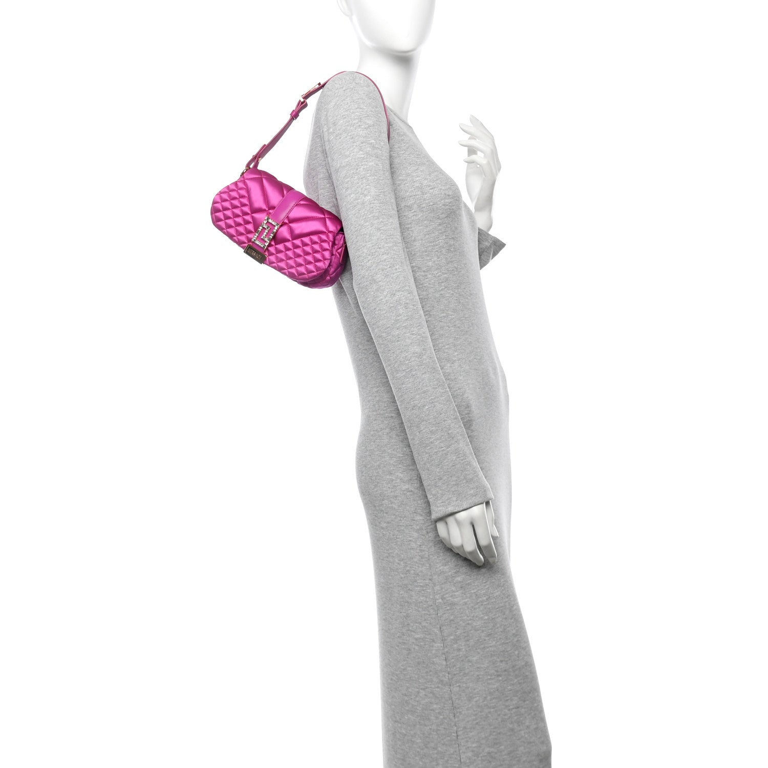 Versace Satin Crystal Quilted Mini Greca Goddess Shoulder Bag Pink 2 of 9