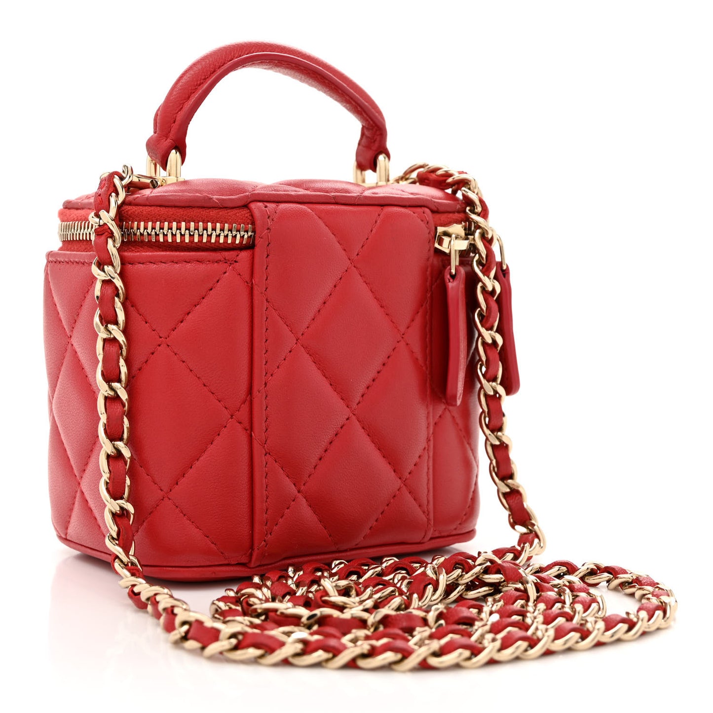 Lambskin Quilted Top Handle Mini Vanity Case With Chain Red