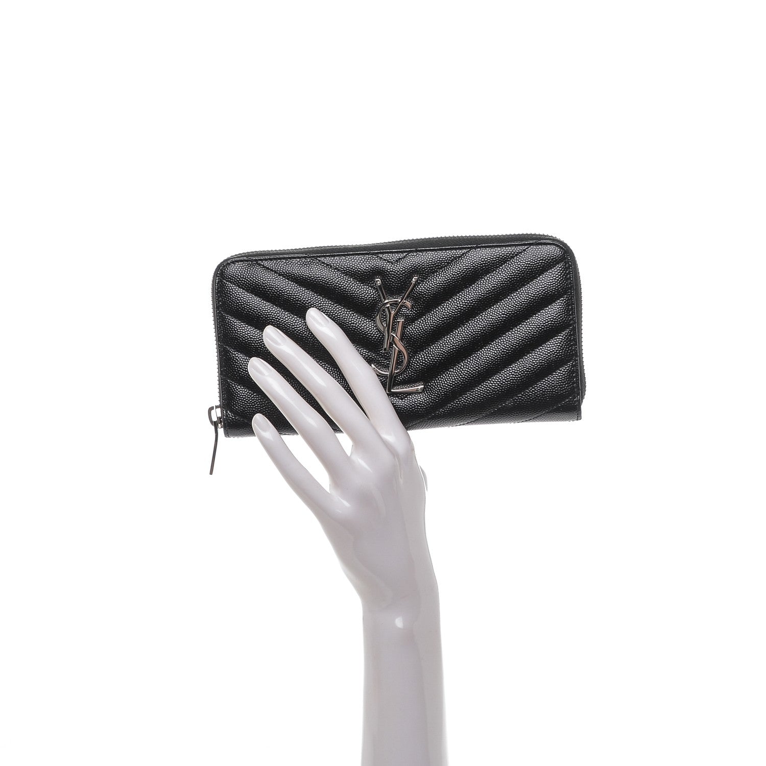 Saint Laurent Grain De Poudre Matelasse Chevron Monogram Zip Around Wallet Black 2 of 6